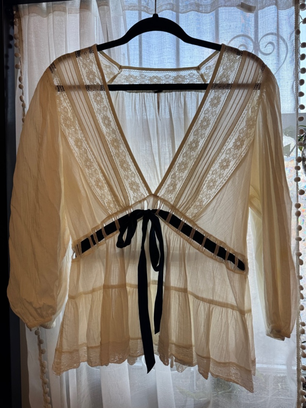 Free People Cream Lace-Trim Peasant Top with Navy Ribbon